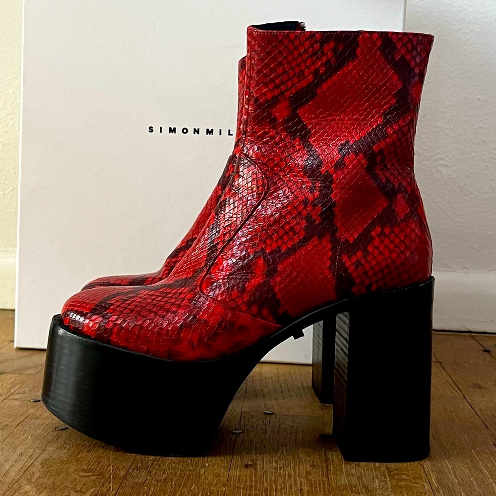 Simon Miller High Raid Platform Leather Snakeskin Boot in Tango Red